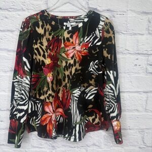 Chico's Animal Floral Print Top Womens 2 L Black Mixed Leopard Zebra Tropical